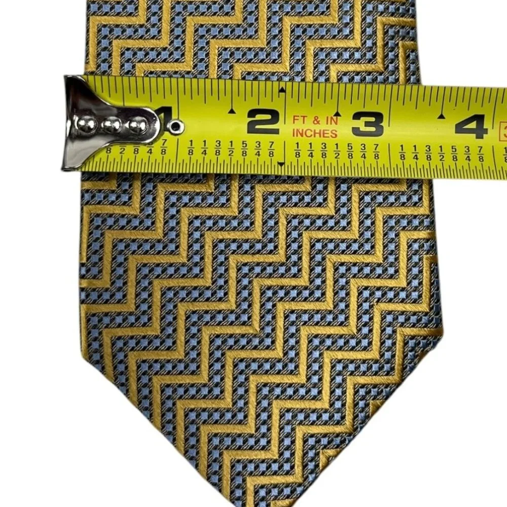 Ermenegildo Zegna Silk Tie Yellow‑Gold & Blue‑Gray Geometric Italy 3.3” x 58